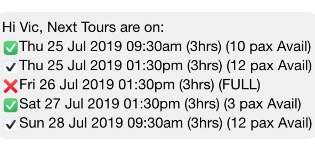 Example of ManyChat message returned from next-tours Rezdy API call